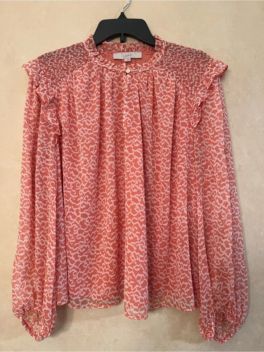 LOFT Coral Pink Printed Ruffle-Neck Long-Sleeve Blouse